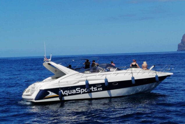 Yate Sunkiss de AquaSports navegando en aguas cristalinas, ideal para 1 a 8 pasajeros, disfrutando del sol y el mar.